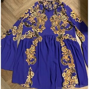 Anthropologie Dress Womens Small Purple Gold Tunic Baroque Chiffon Boho Festival